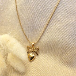 Edelstahl Kette Damen 18K vergoldet - Schleife & Herzanhänger goldfarben "Colette"