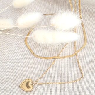 Edelstahl Kette Damen 18K vergoldet &ndash; Mehrreihige Layering Kette mit Herz &bdquo;Love You More&ldquo;