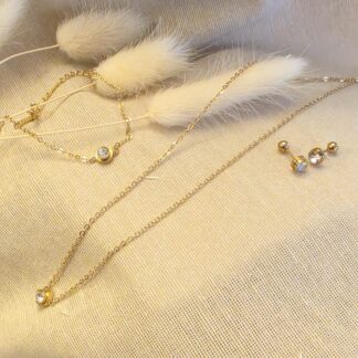 Edelstahl Schmuckset Damen 18K vergoldet - Kette, Armband & Ohrstecker goldfarben „Solitaria“ mit Zirkonia