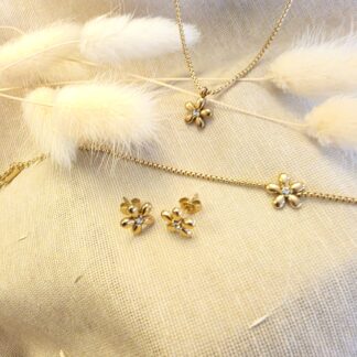 Edelstahl Schmuckset Damen 18K vergoldet – Kette, Armband & Ohrstecker Blume Zirkonia goldfarben „Flora“
